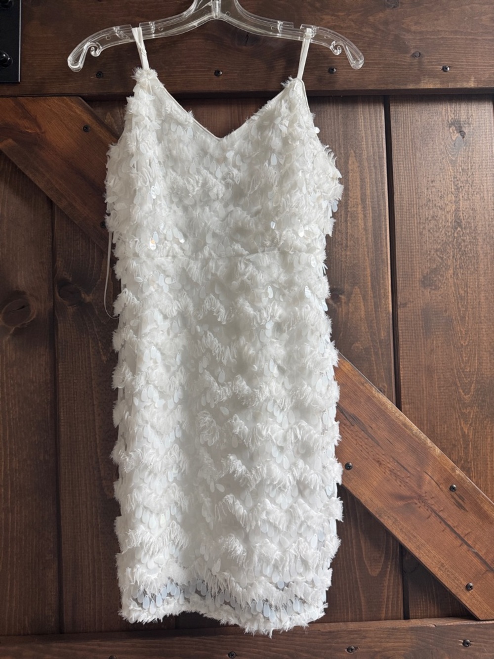 Just Me White Sequin Feathered Mini Dress